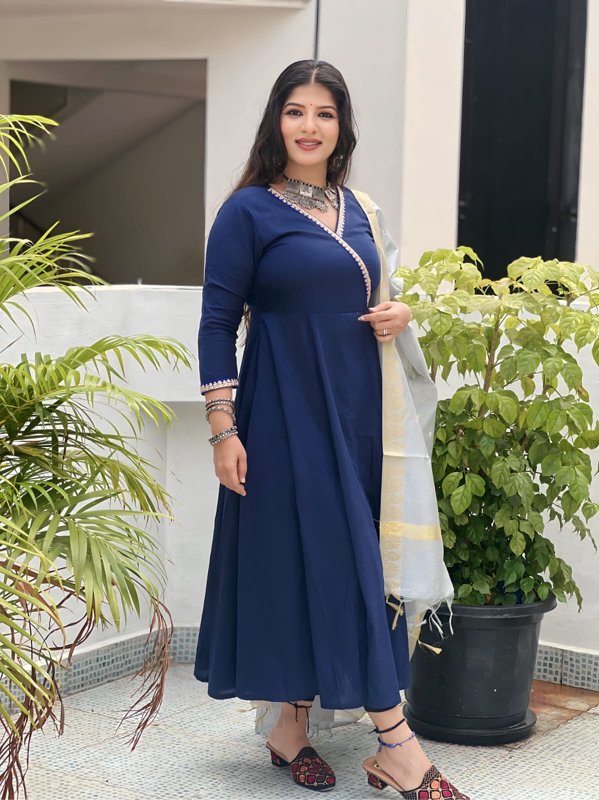 Navy & Grey semi Silk Anarkali