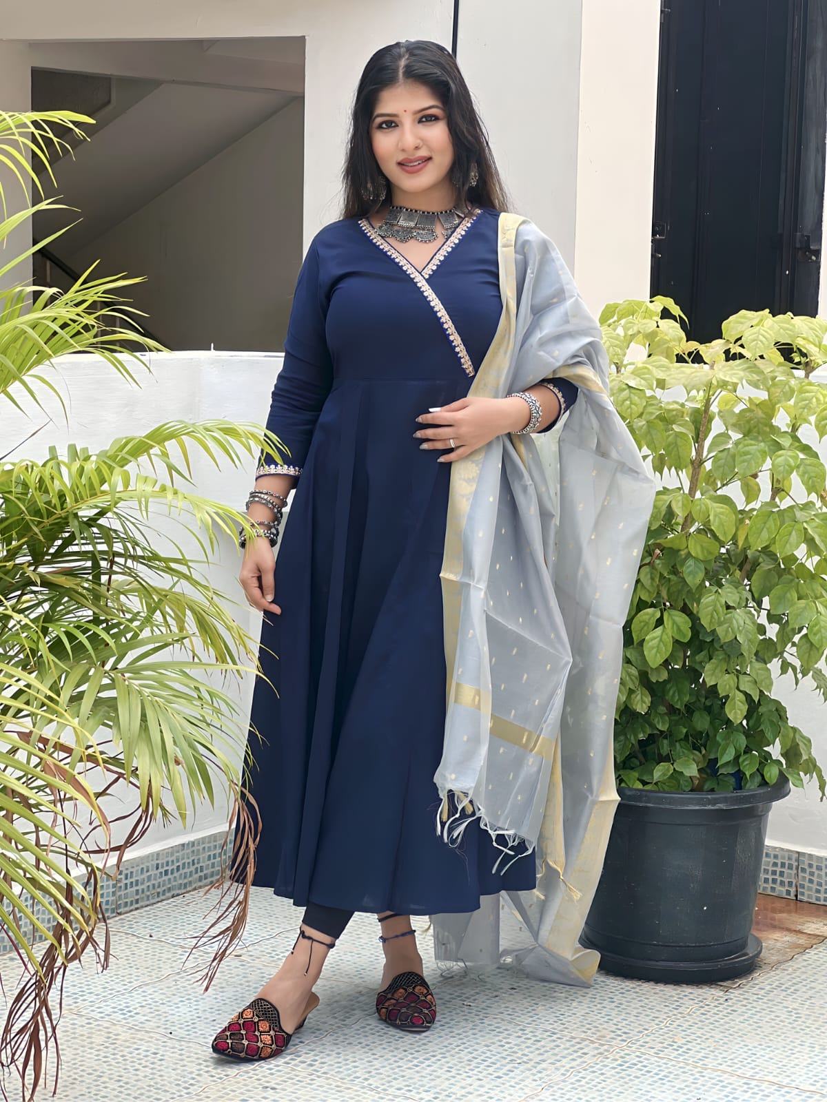 Navy & Grey semi Silk Anarkali