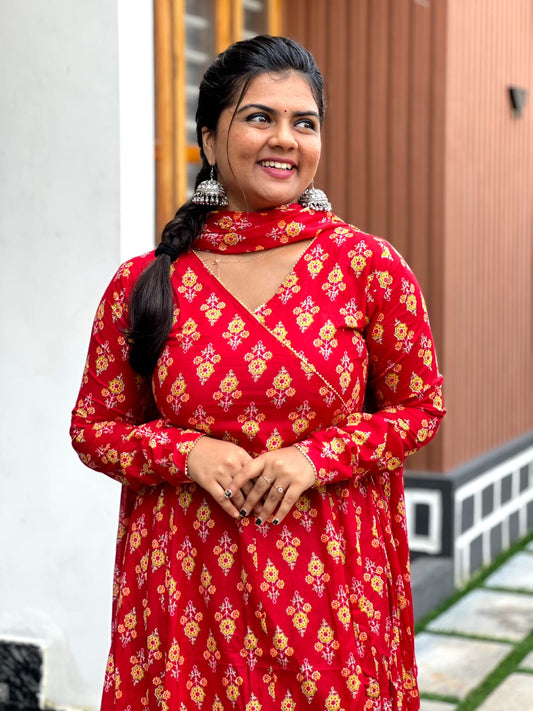 Cherry Red floral self Anarkali