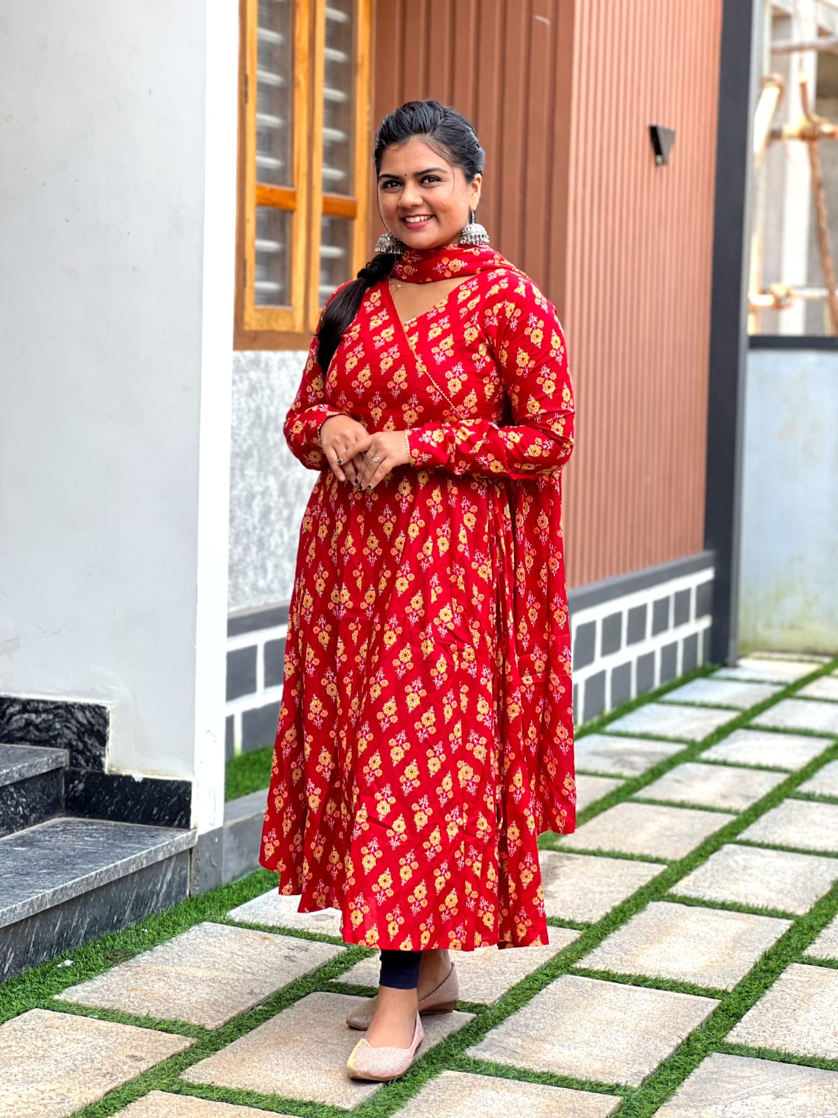 Cherry Red floral self Anarkali