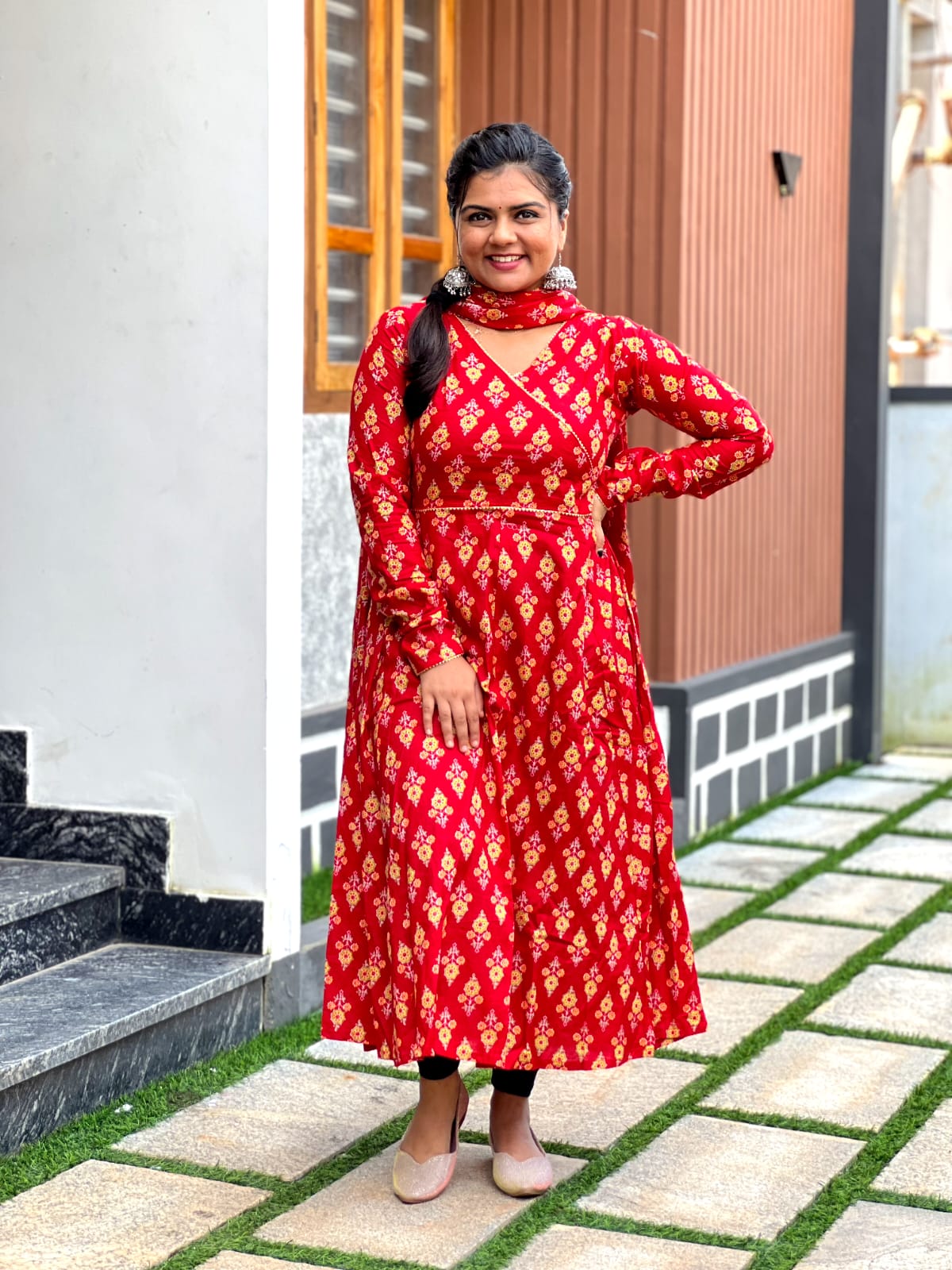 Cherry Red floral self Anarkali