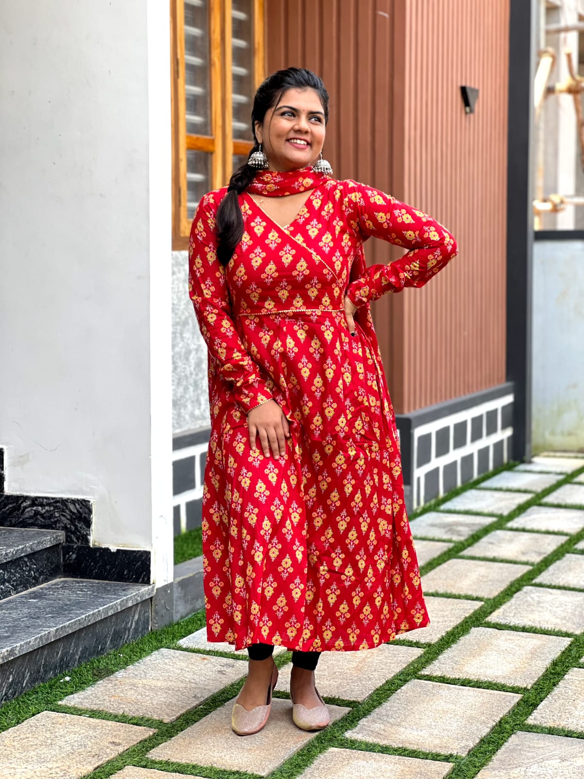 Cherry Red floral self Anarkali