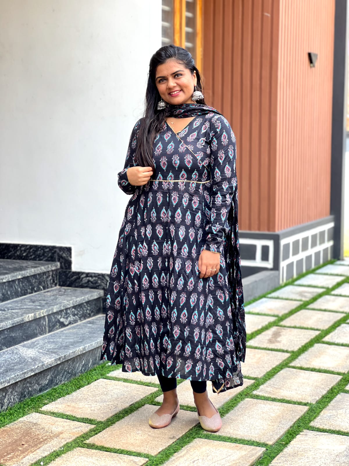 Black floral self Anarkali