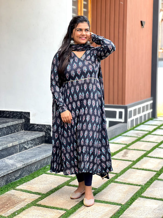 Black floral self Anarkali