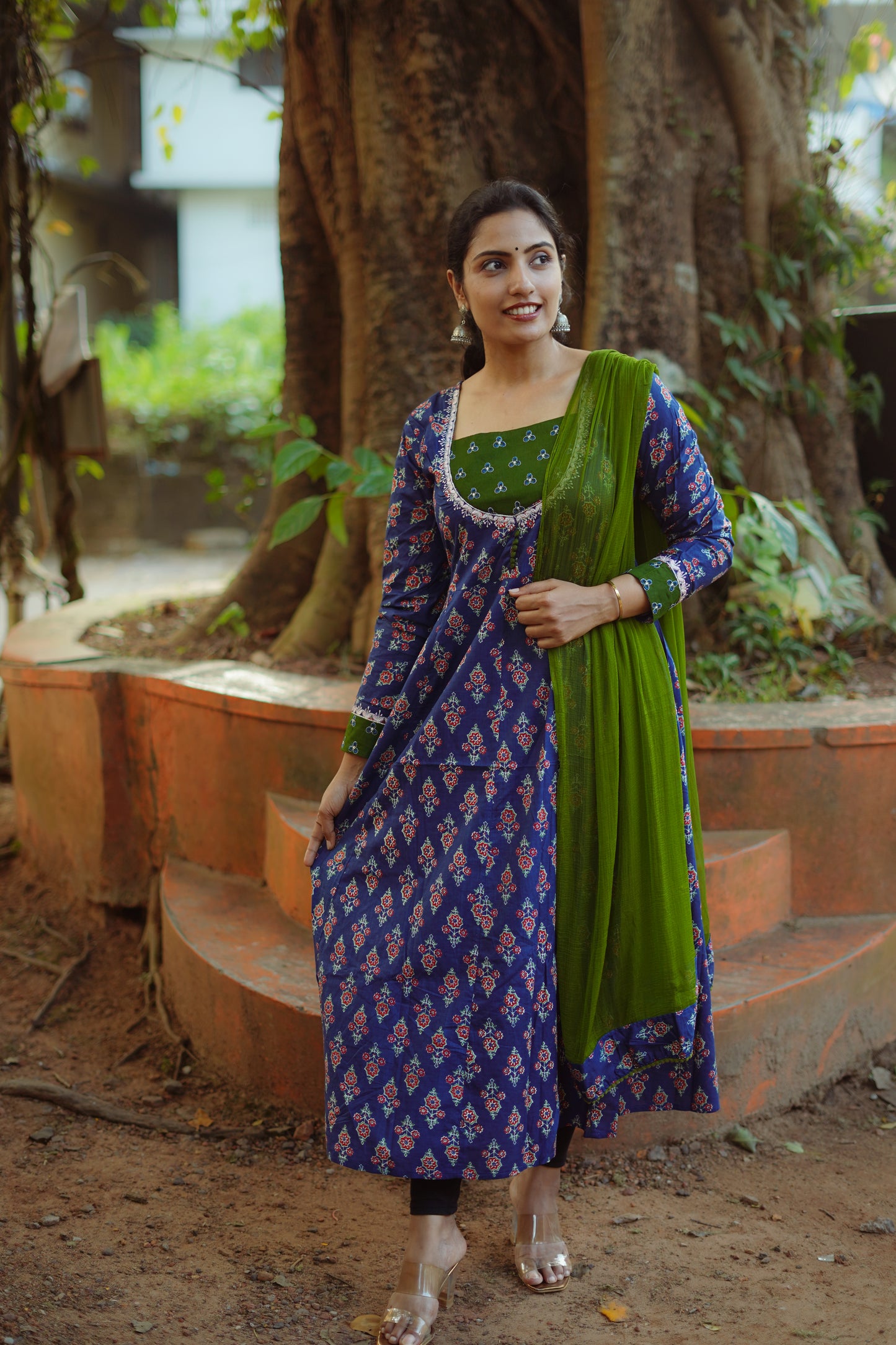 Blue & Green Floral Anarkali [Embroidery]