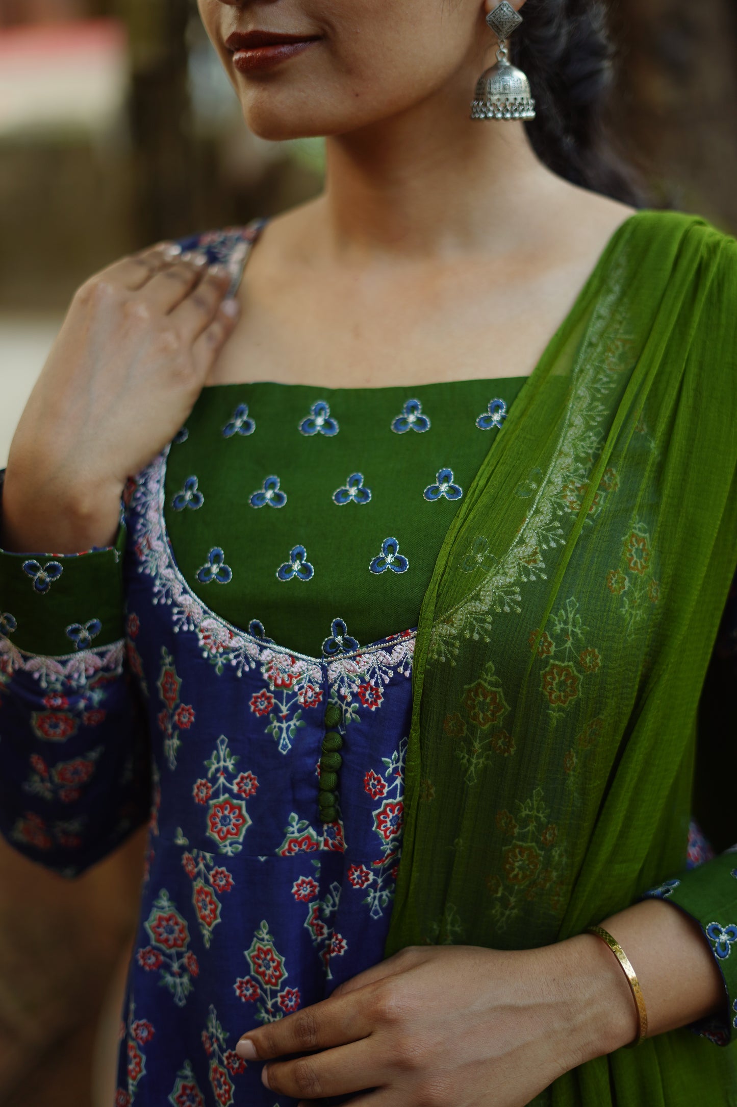 Blue & Green Floral Anarkali [Embroidery]