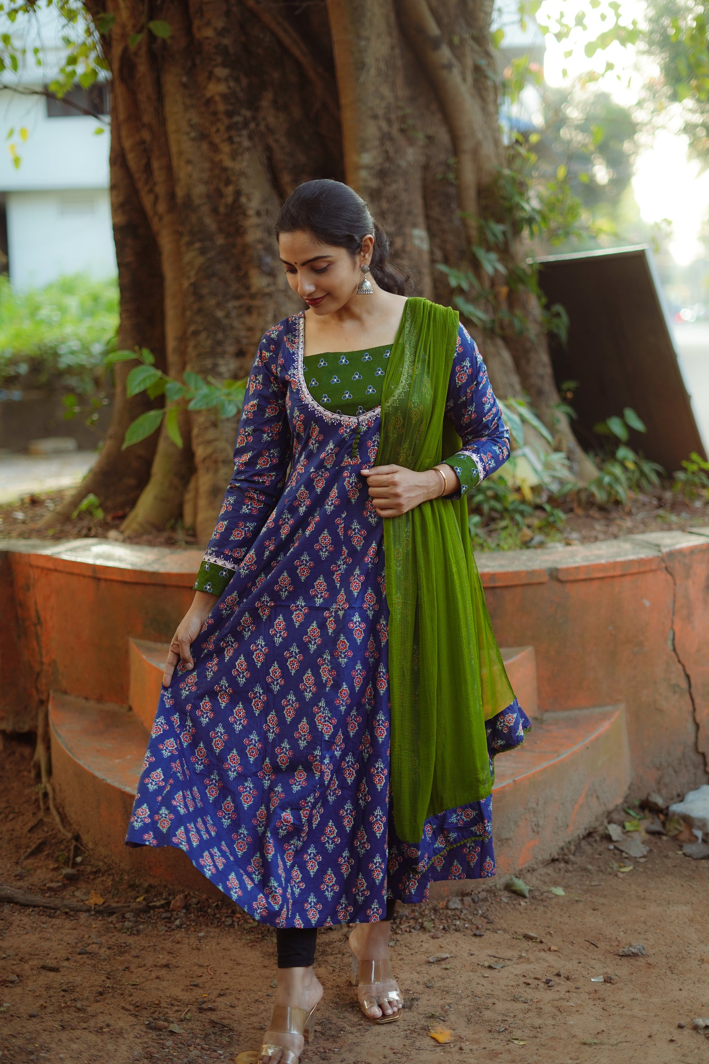 Blue & Green Floral Anarkali [Embroidery]