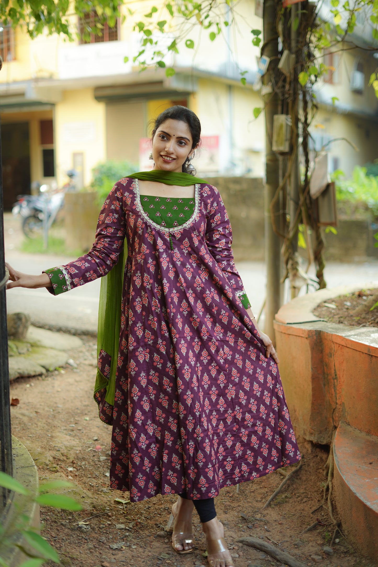 Wine & Green Floral Anarkali [Embroidery]