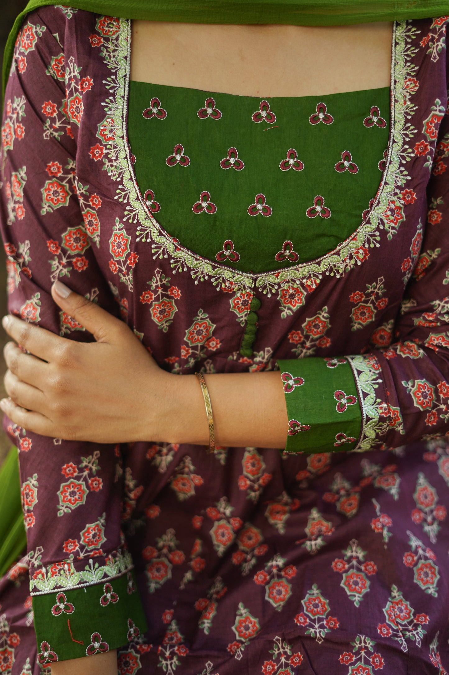 Wine & Green Floral Anarkali [Embroidery]