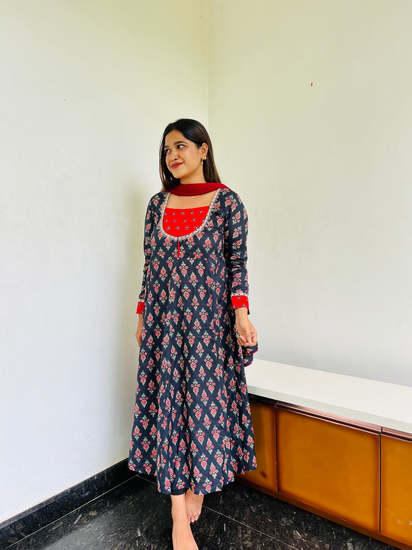 Black & Red Floral Anarkali [Embroidery]