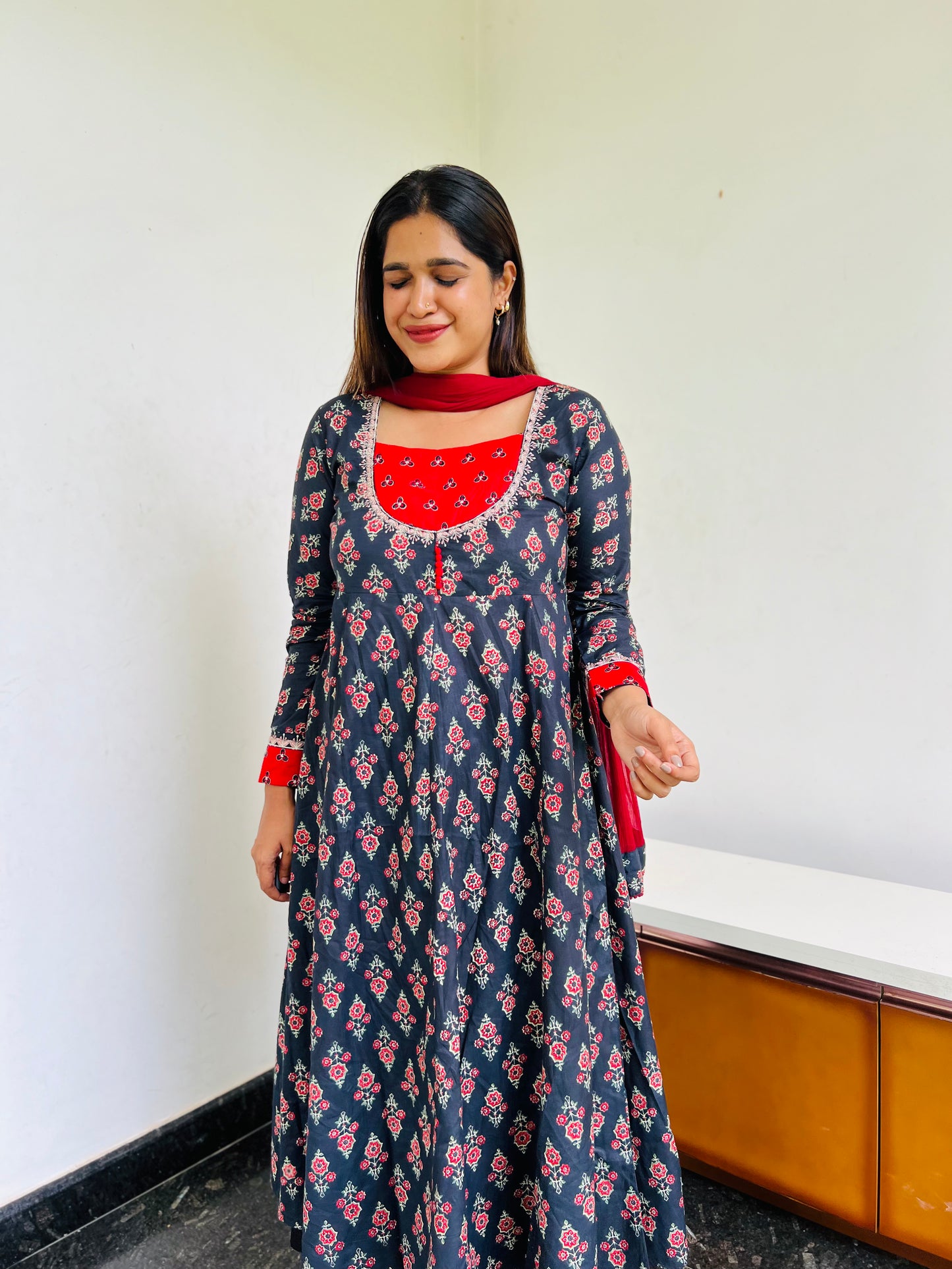 Black & Red Floral Anarkali [Embroidery]