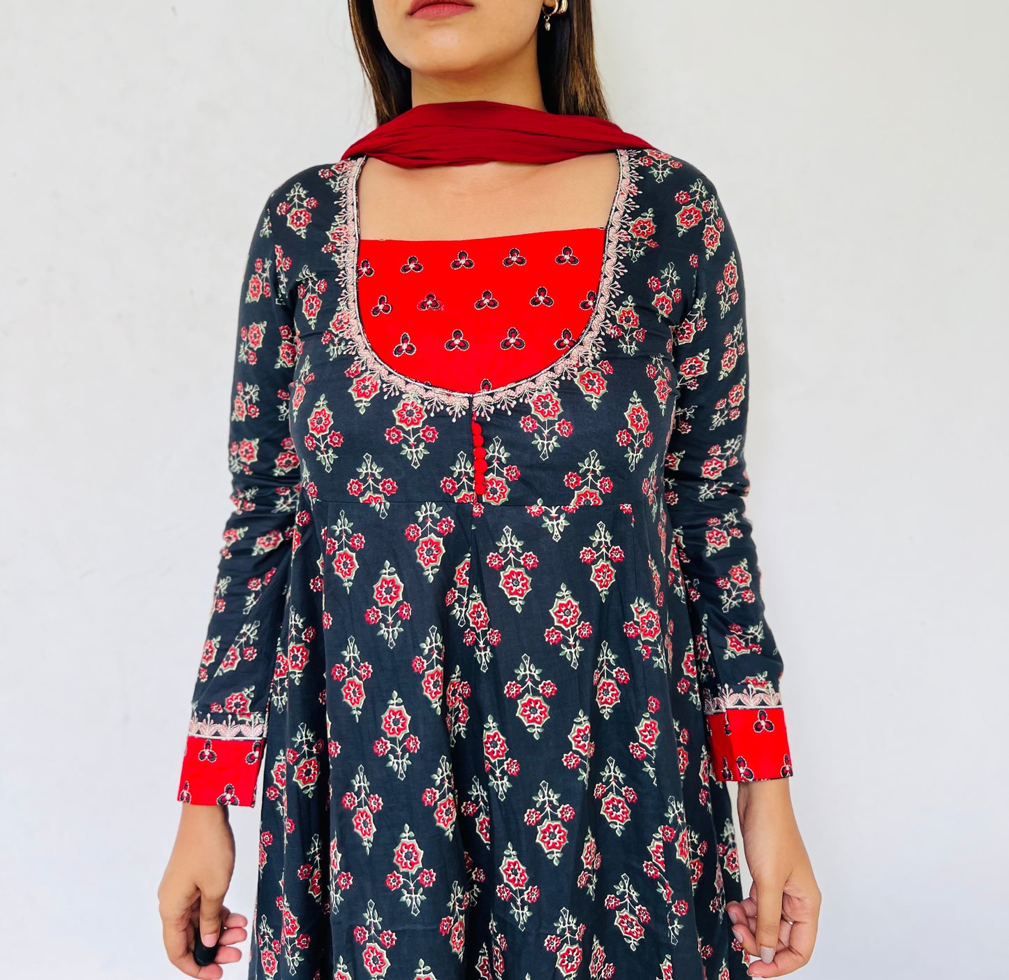 Black & Red Floral Anarkali [Embroidery]