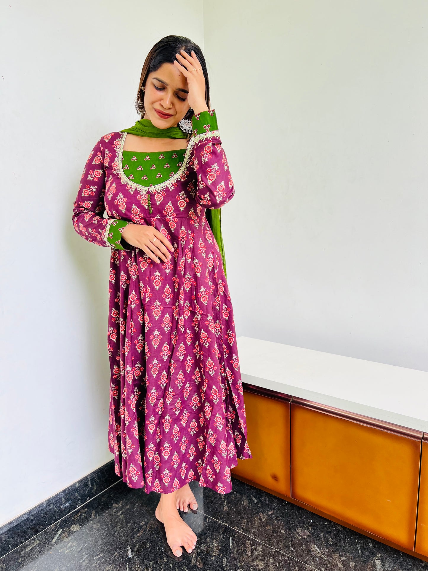 Wine & Green Floral Anarkali [Embroidery]