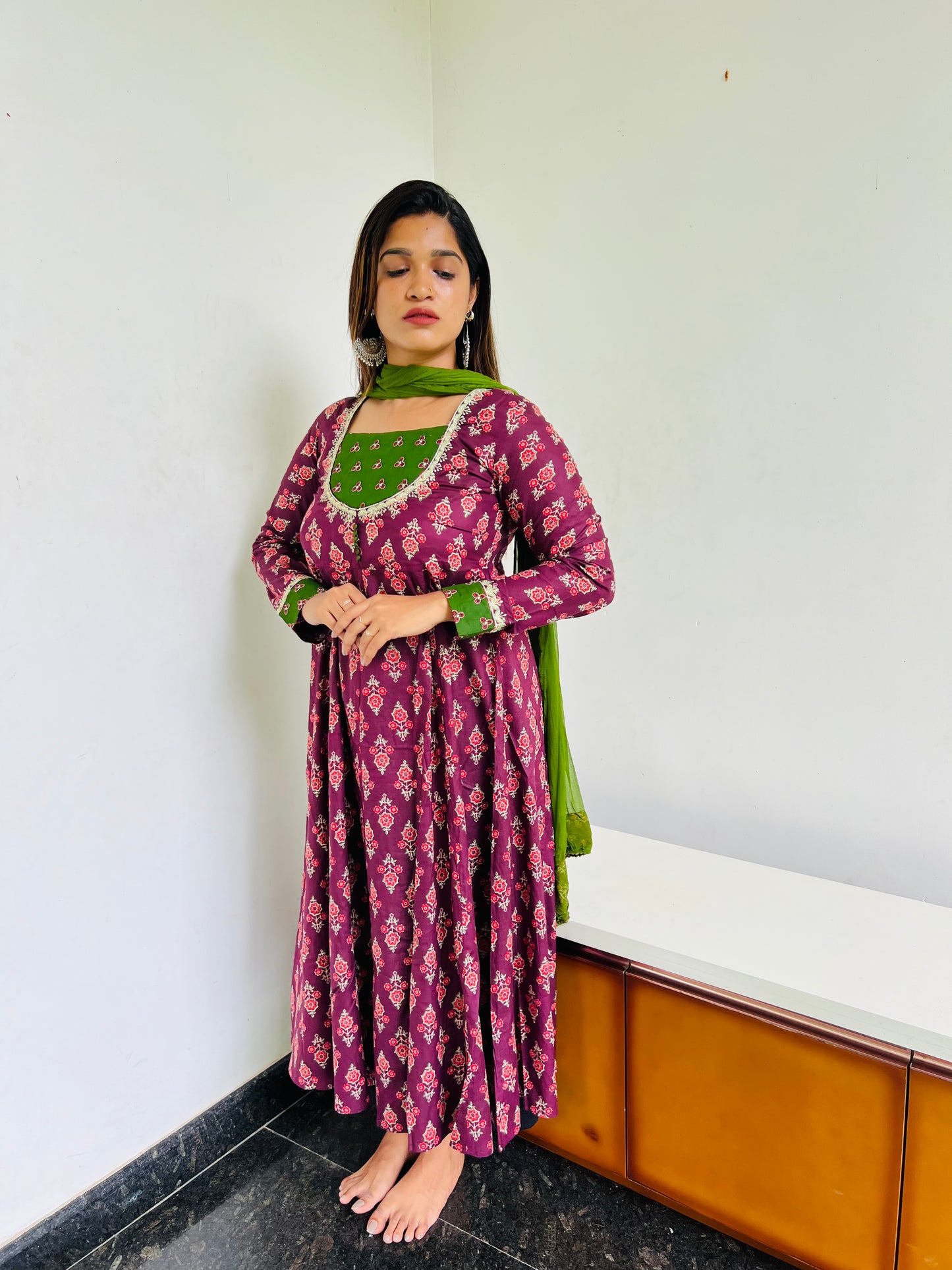 Wine & Green Floral Anarkali [Embroidery]