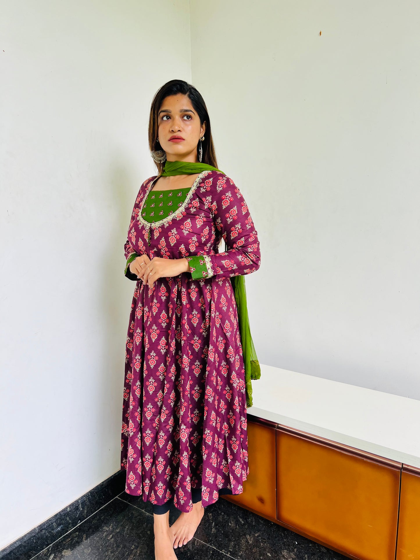 Wine & Green Floral Anarkali [Embroidery]