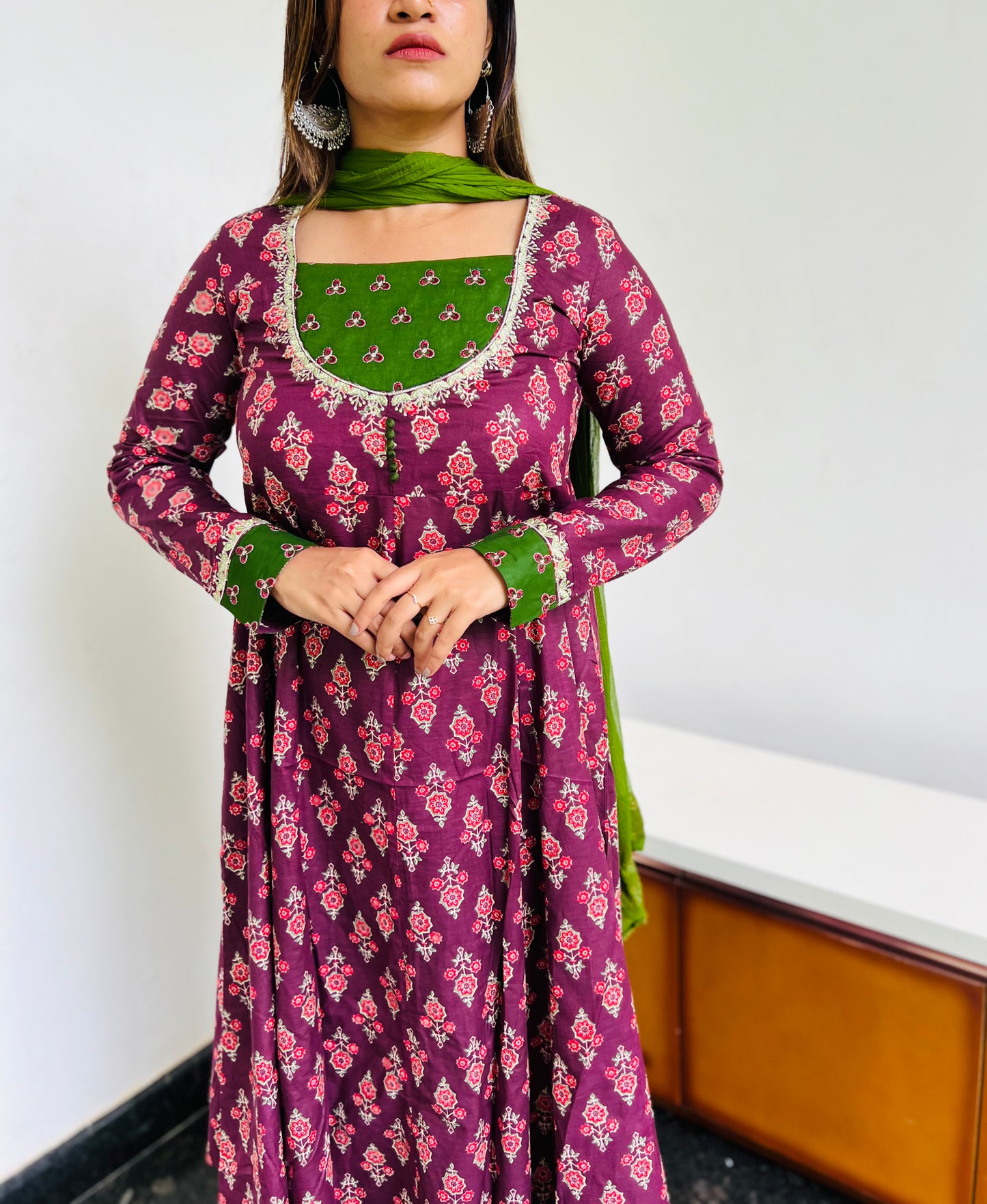 Wine & Green Floral Anarkali [Embroidery]