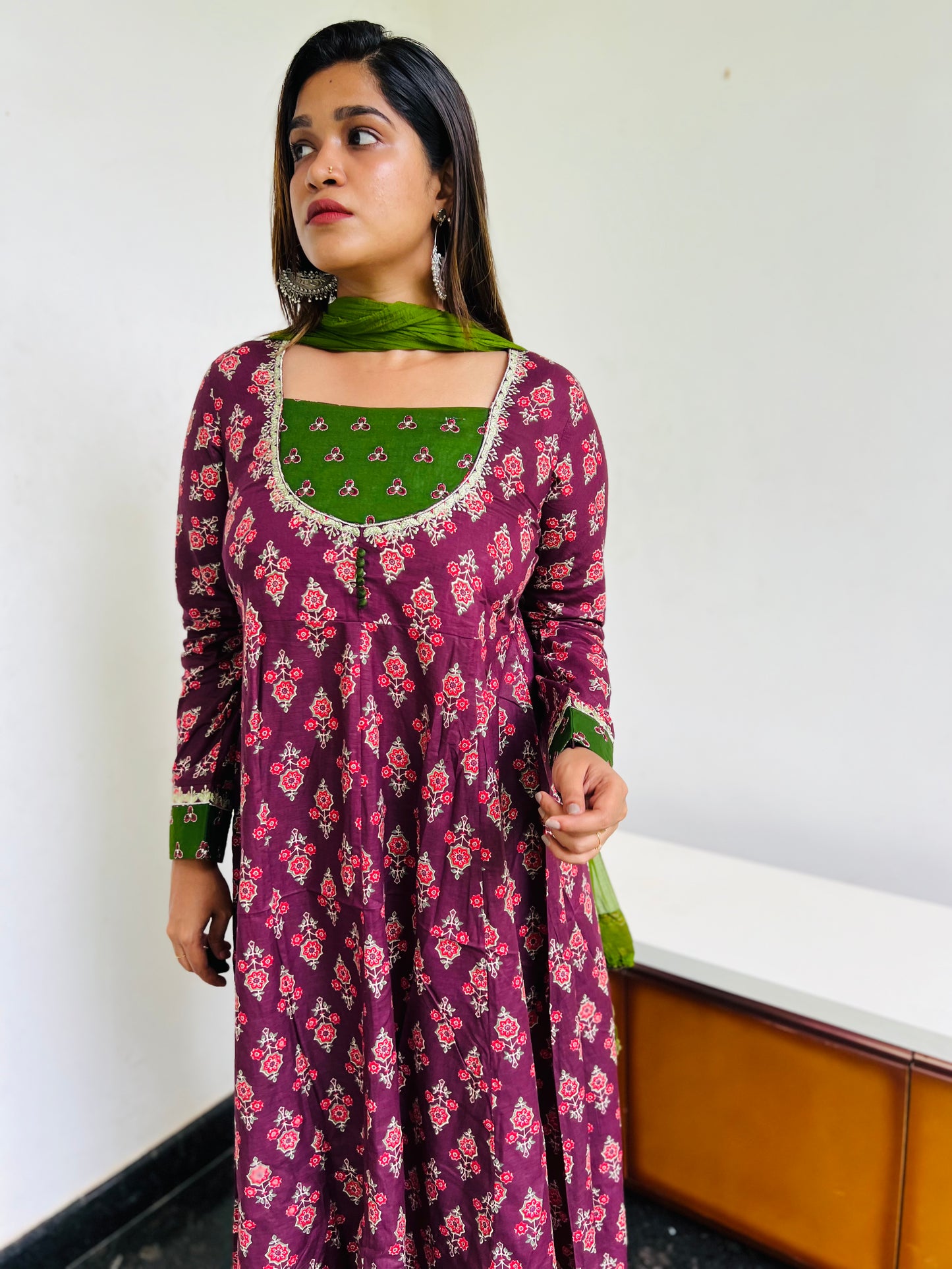 Wine & Green Floral Anarkali [Embroidery]