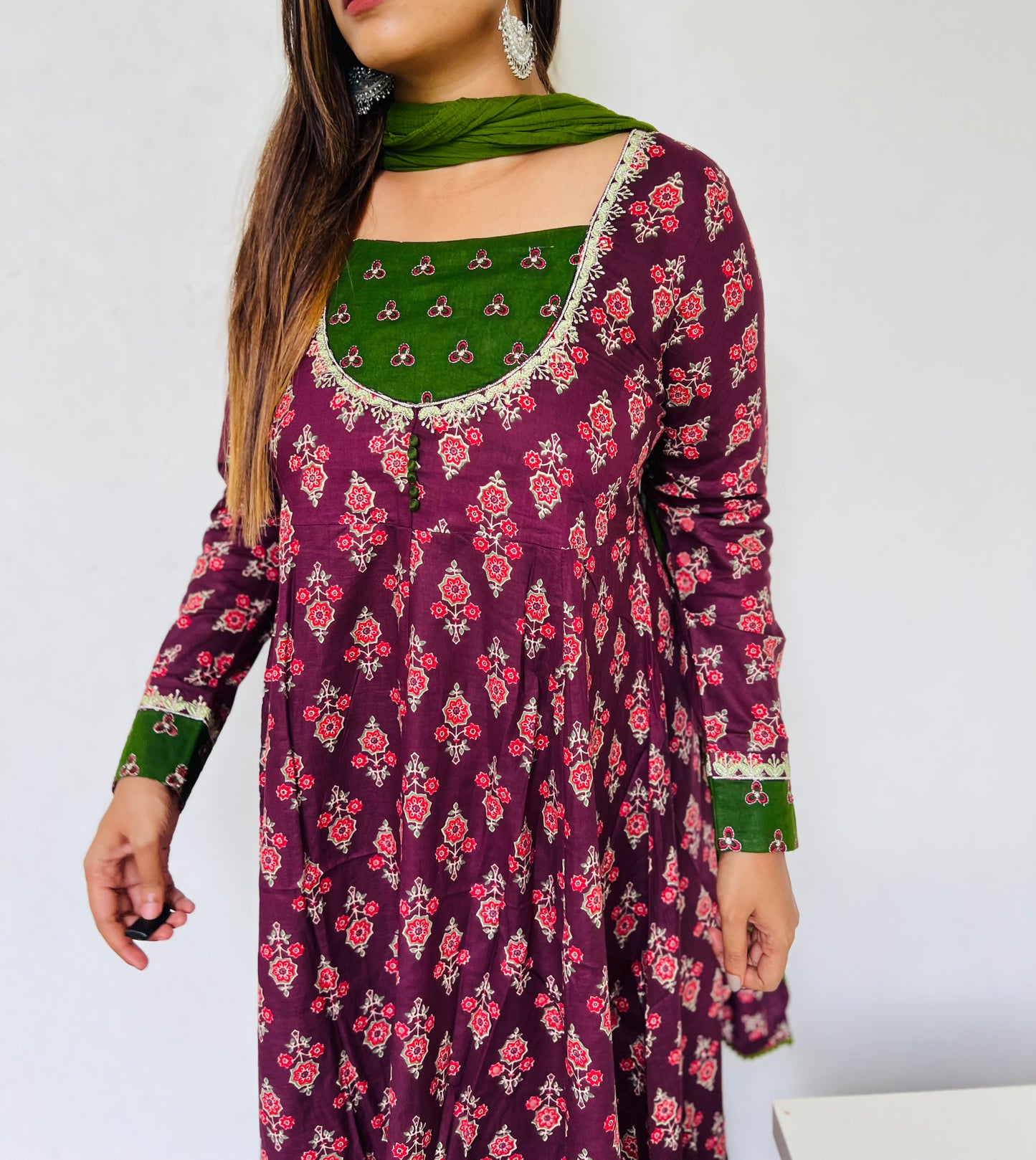 Wine & Green Floral Anarkali [Embroidery]