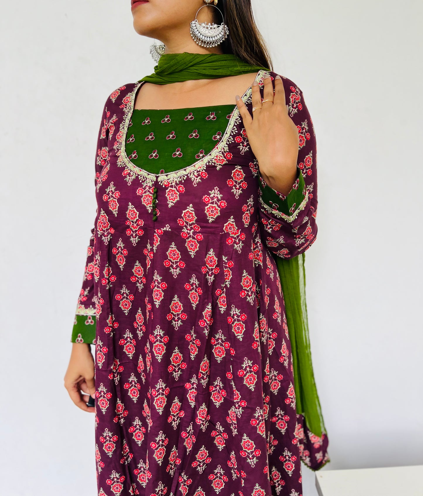 Wine & Green Floral Anarkali [Embroidery]