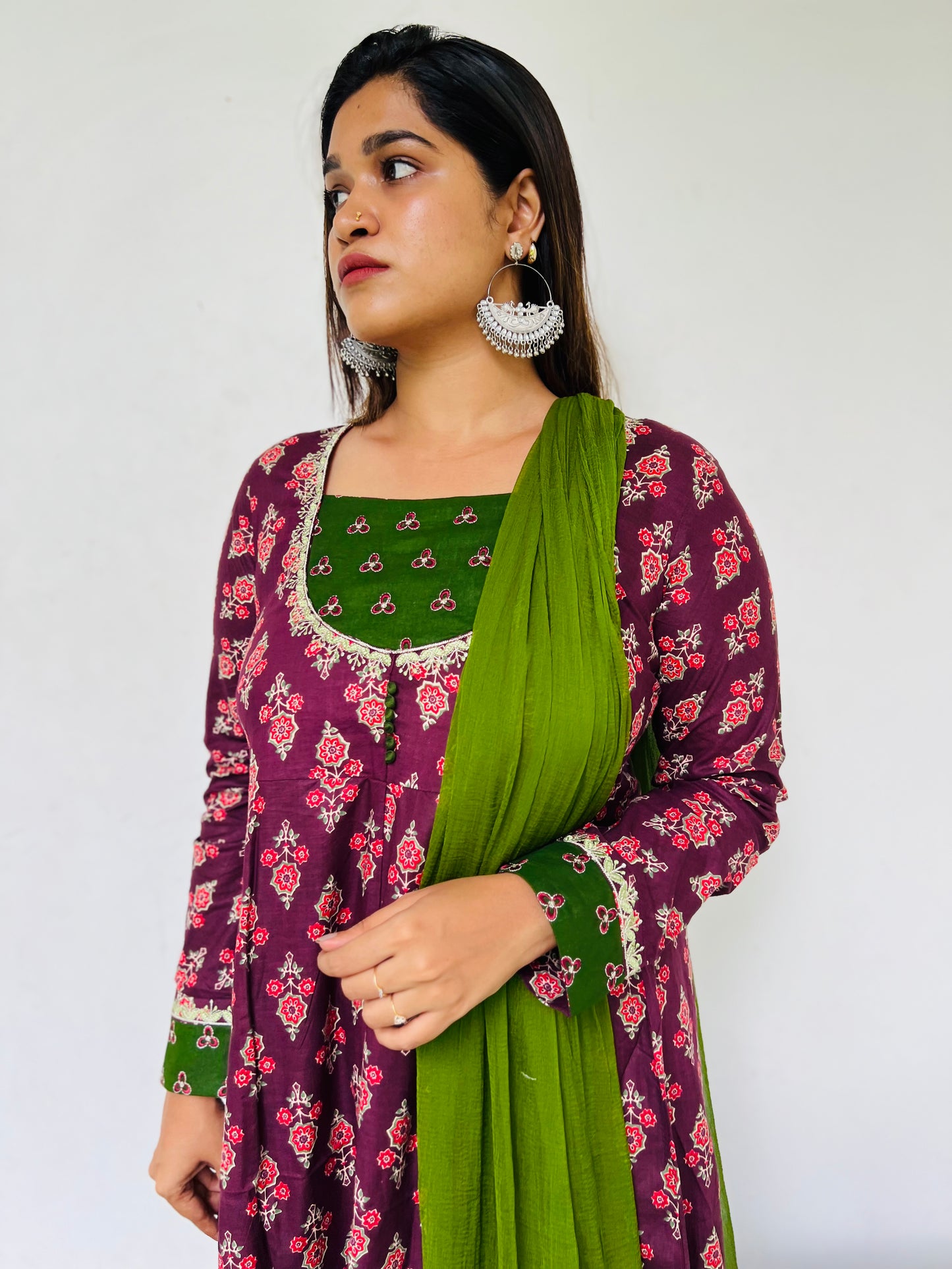 Wine & Green Floral Anarkali [Embroidery]