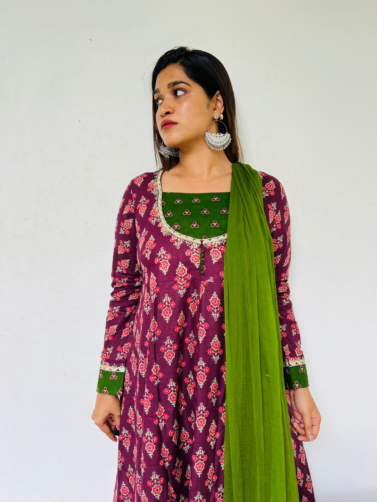 Wine & Green Floral Anarkali [Embroidery]