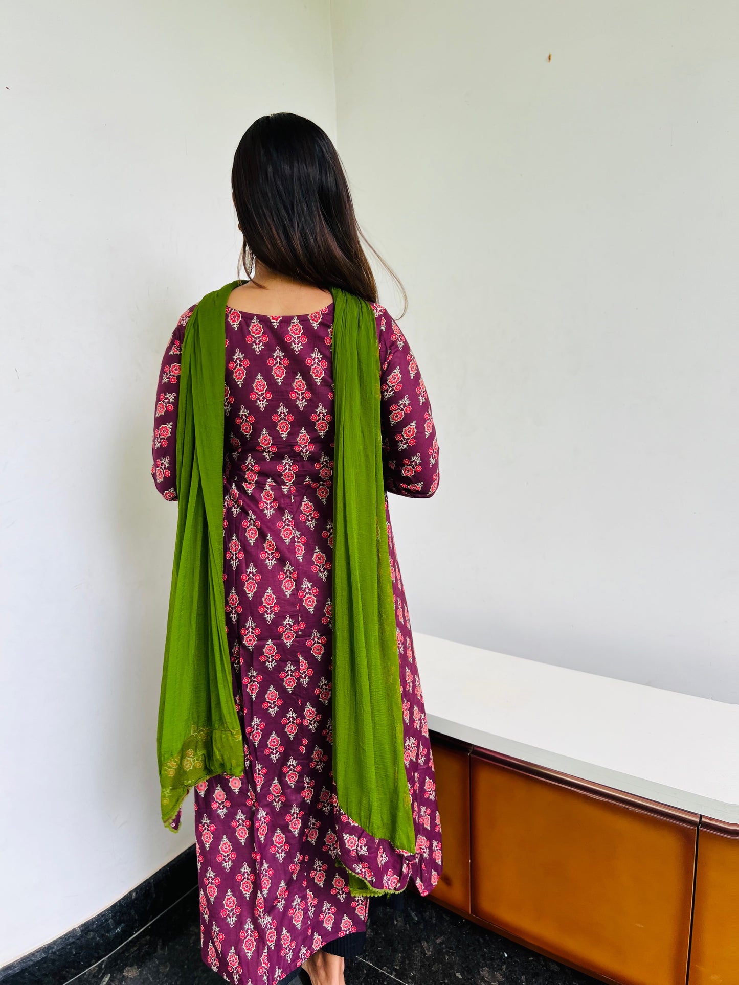 Wine & Green Floral Anarkali [Embroidery]