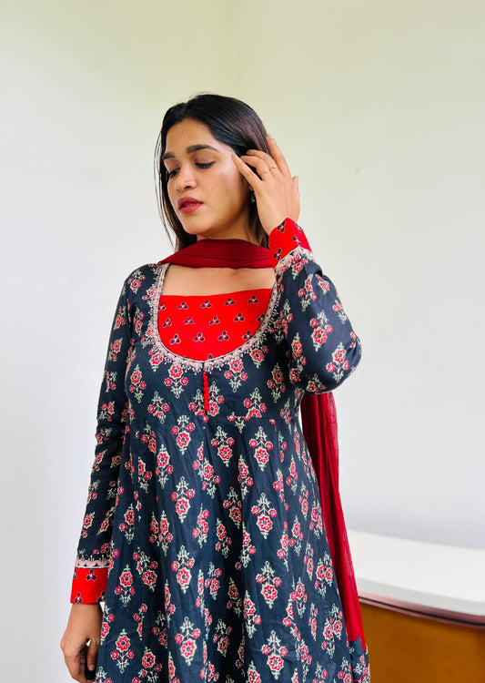 Black & Red Floral Anarkali [Embroidery]