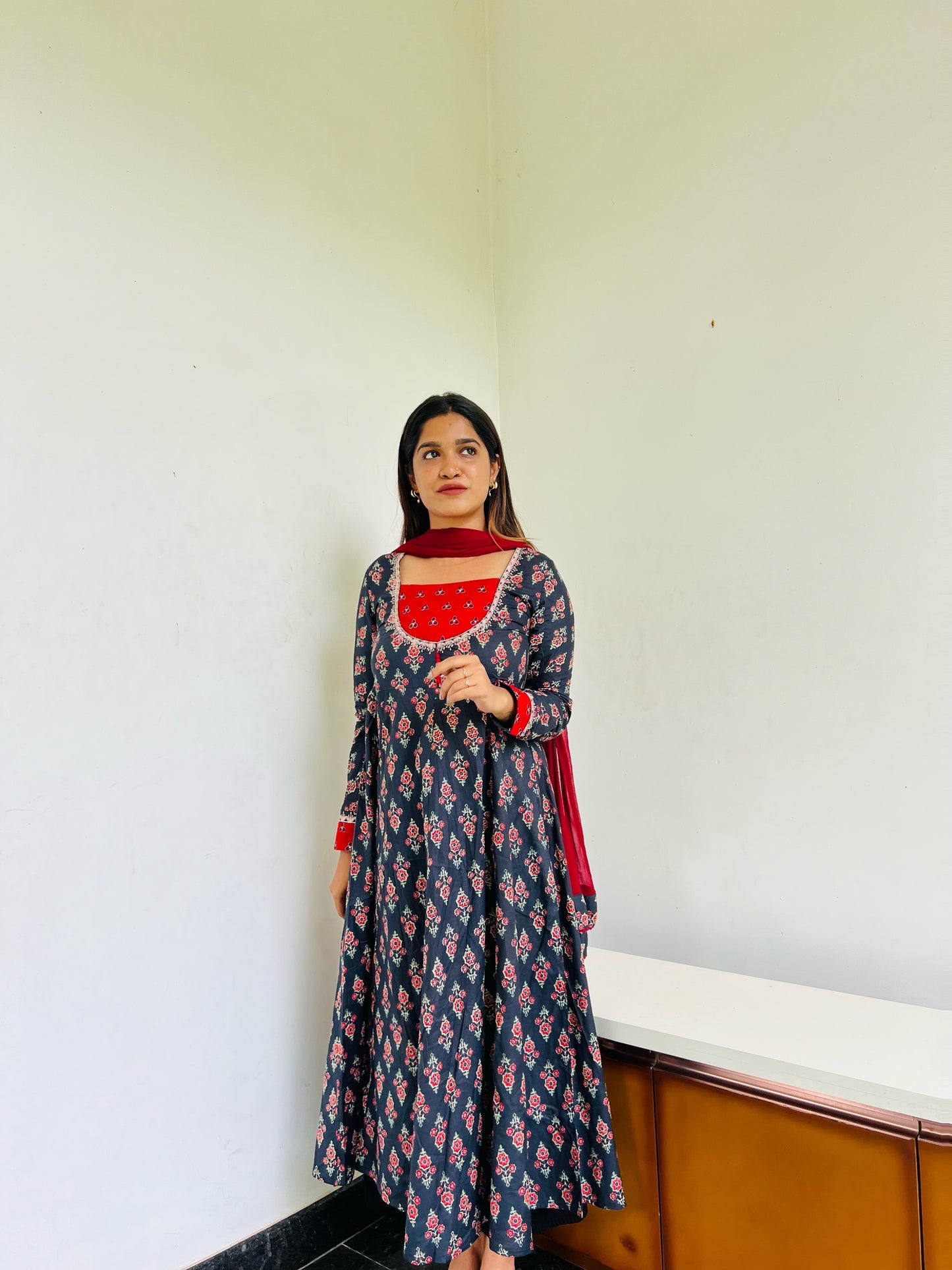 Black & Red Floral Anarkali [Embroidery]