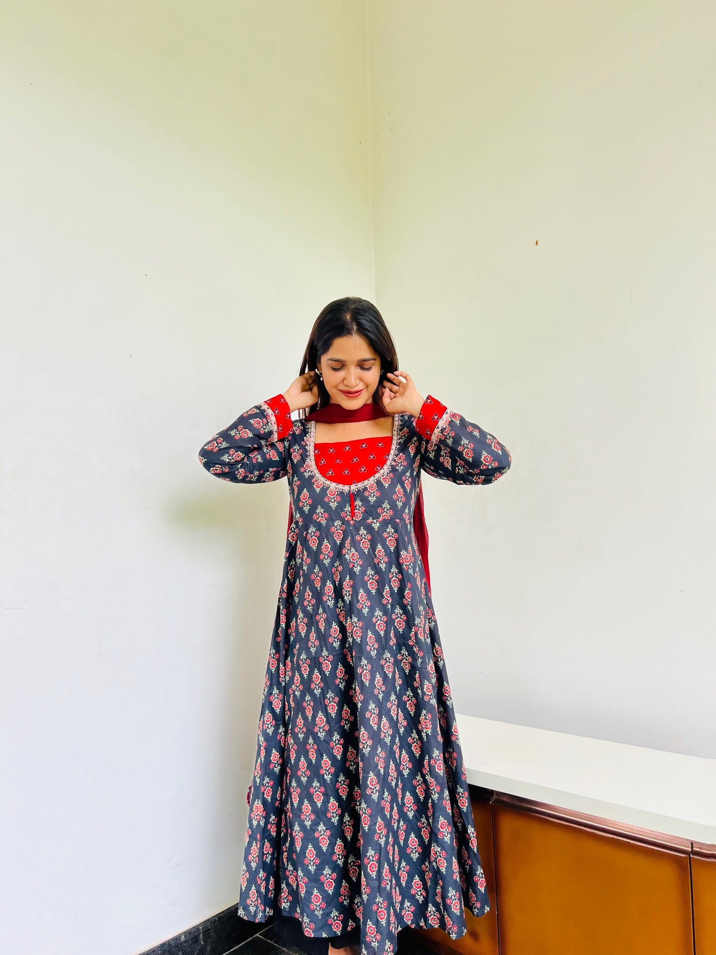 Black & Red Floral Anarkali [Embroidery]