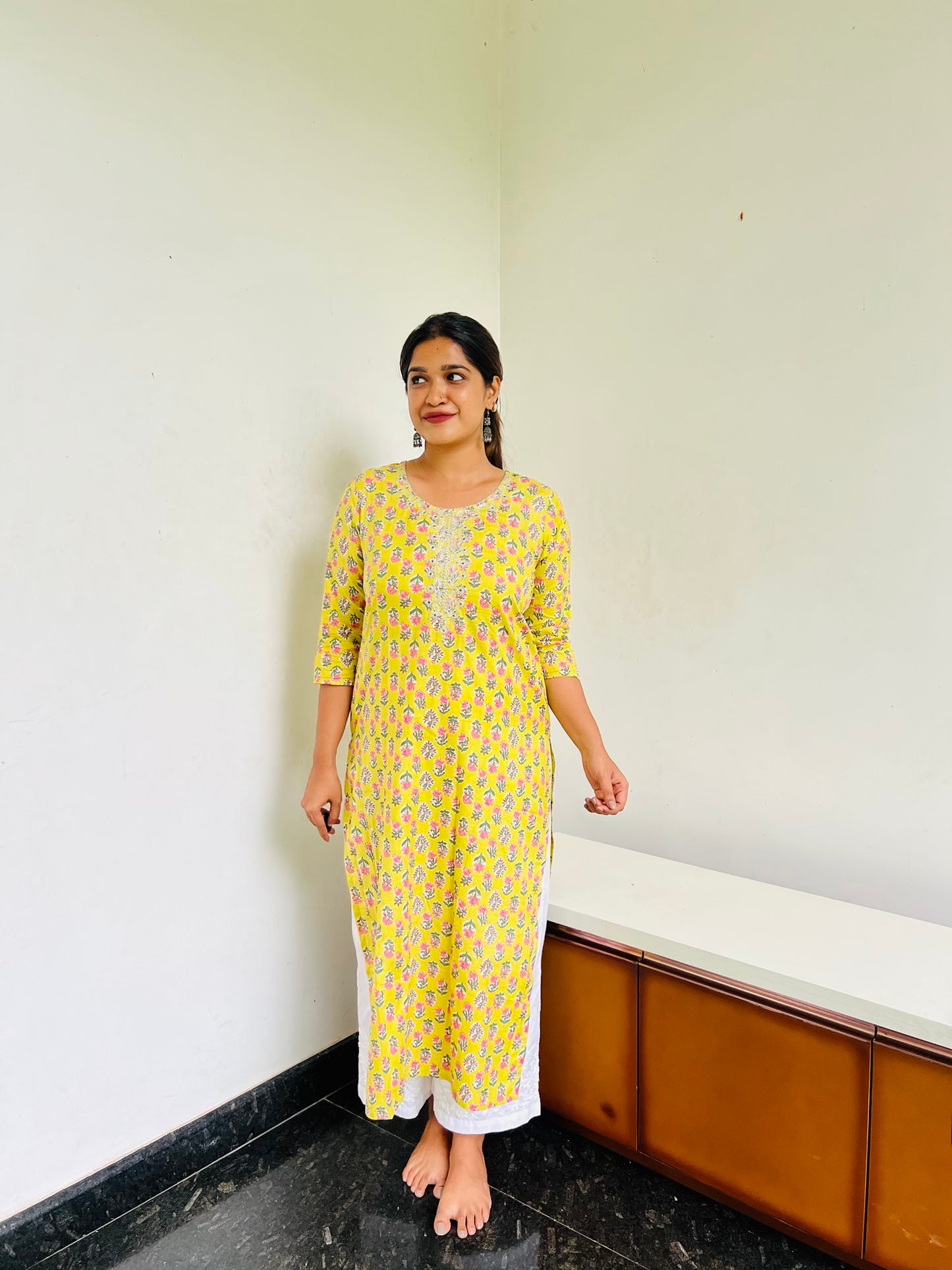 Lime yellow Self [Embroidery] straight cut kurta