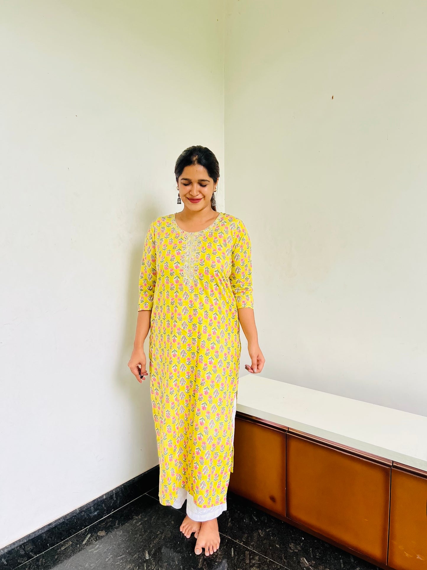 Lime yellow Self [Embroidery] straight cut kurta