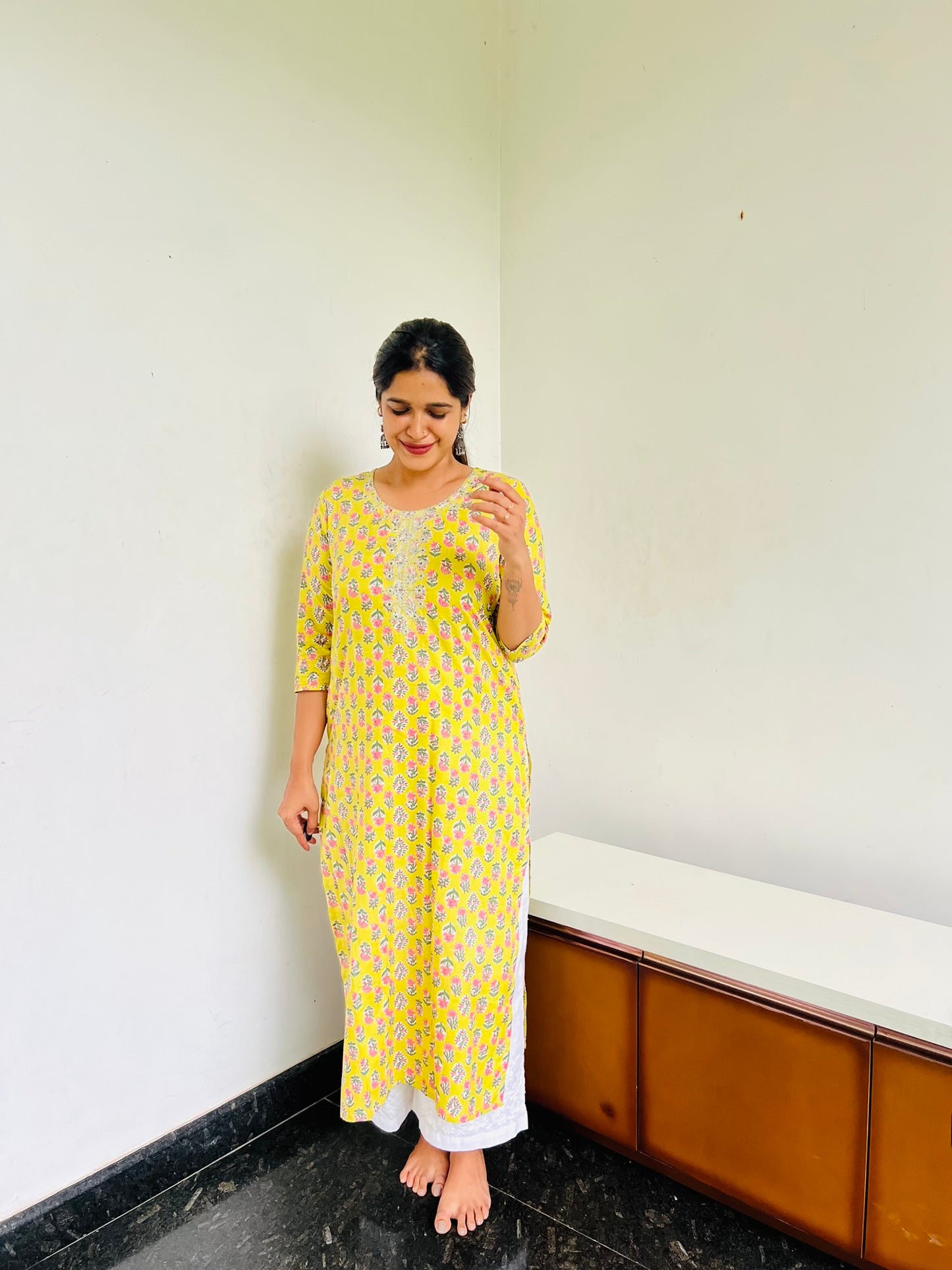 Lime yellow Self [Embroidery] straight cut kurta