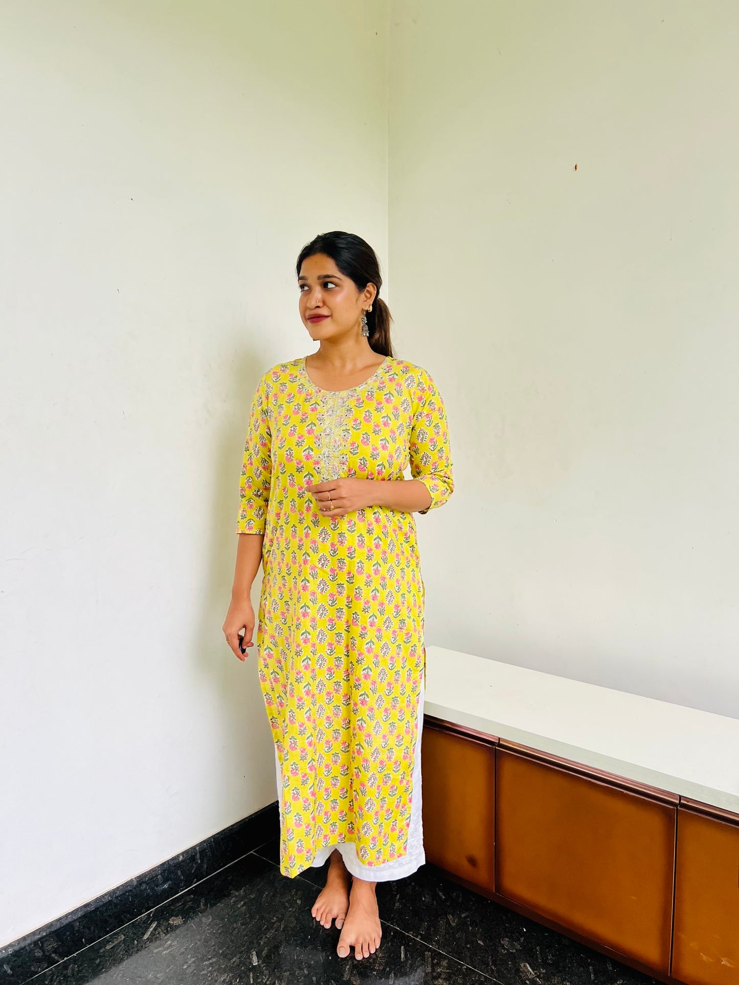 Lime yellow Self [Embroidery] straight cut kurta