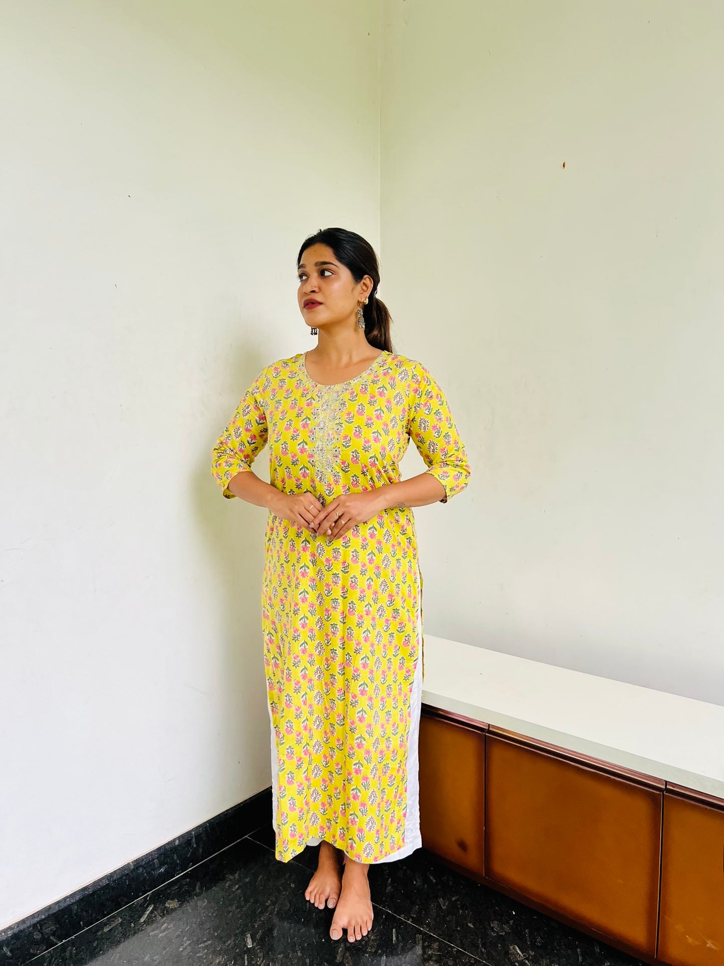 Lime yellow Self [Embroidery] straight cut kurta