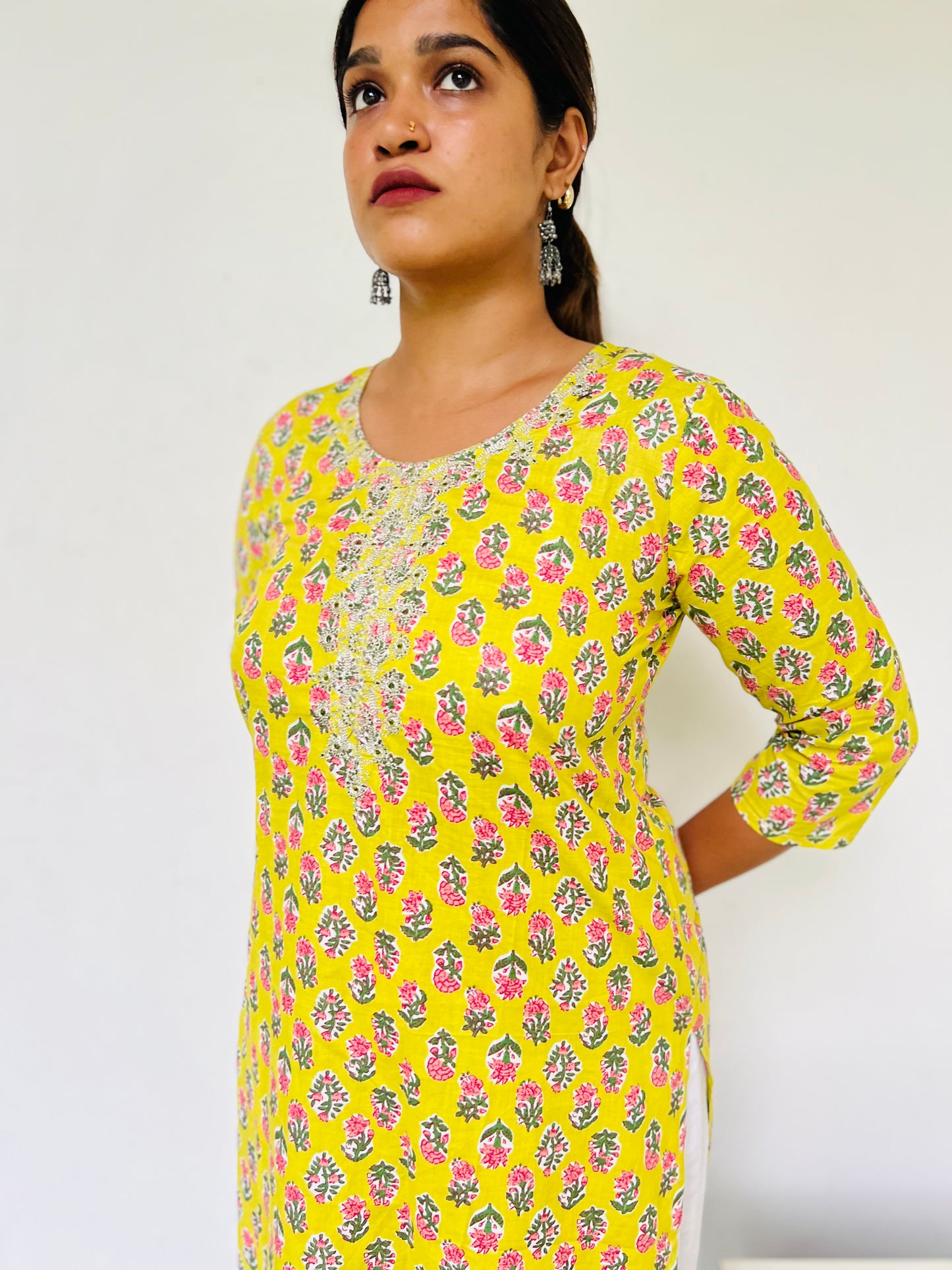 Lime yellow Self [Embroidery] straight cut kurta