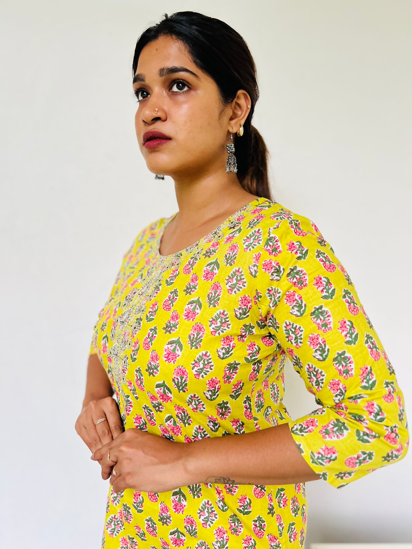 Lime yellow Self [Embroidery] straight cut kurta