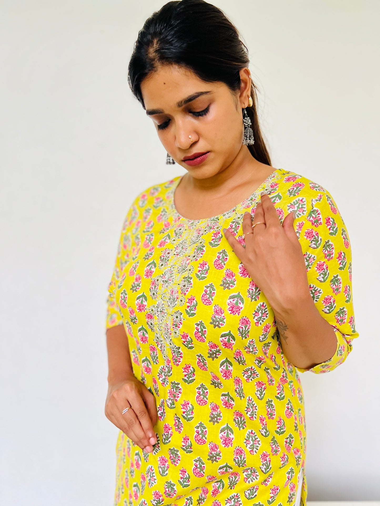 Lime yellow Self [Embroidery] straight cut kurta