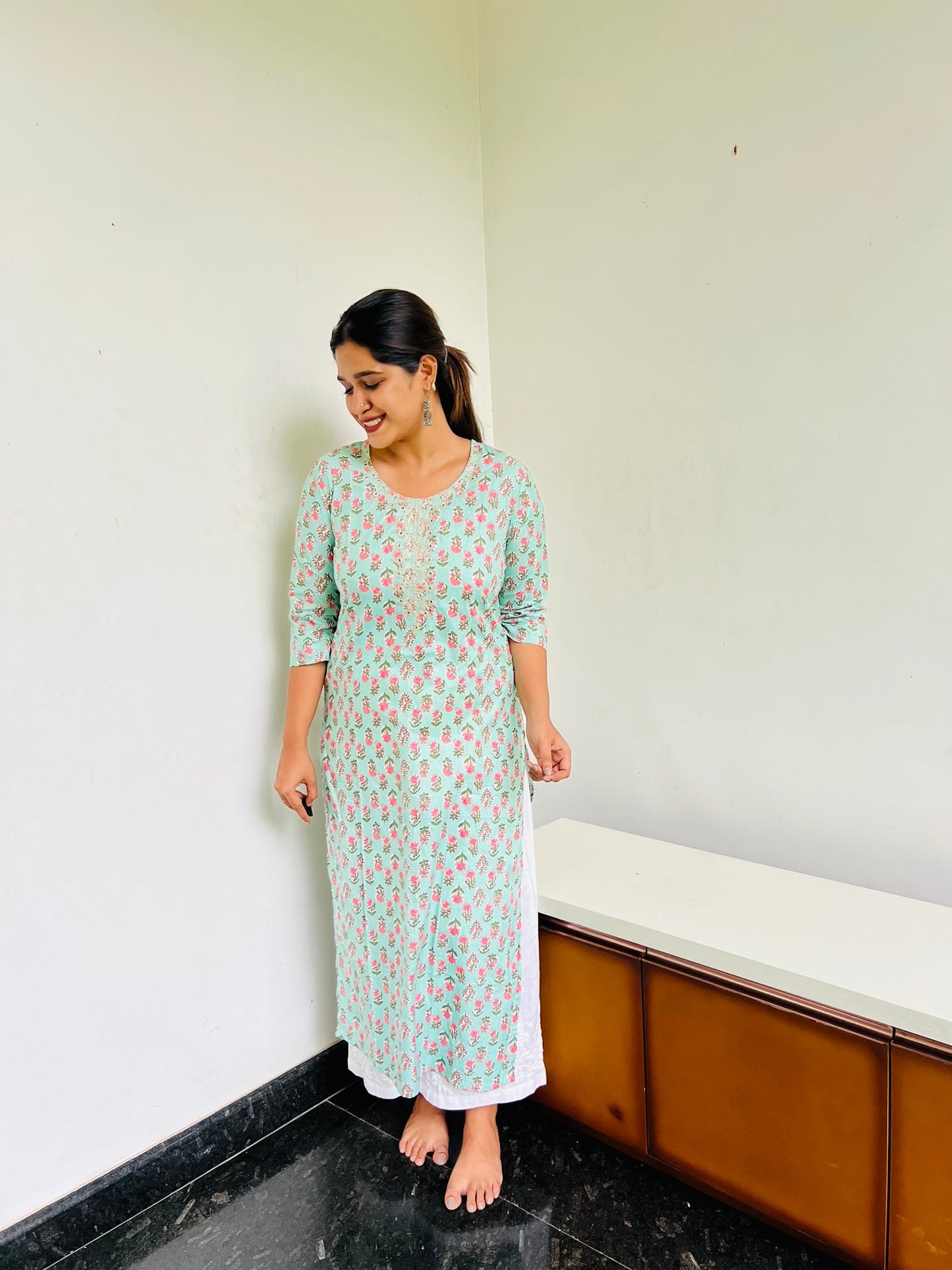 Pastel Green Self [Embroidery] straight cut kurta