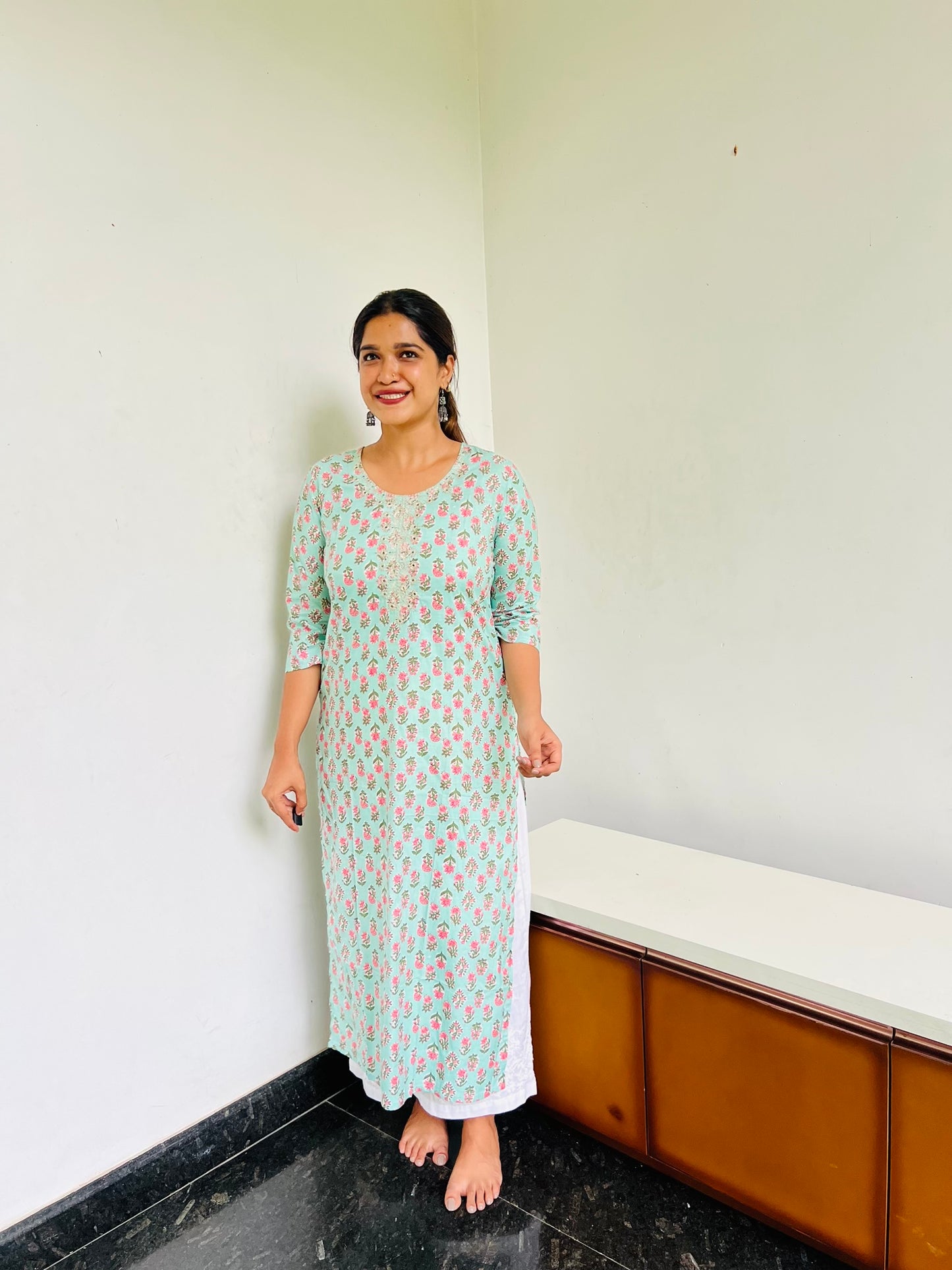 Pastel Green Self [Embroidery] straight cut kurta