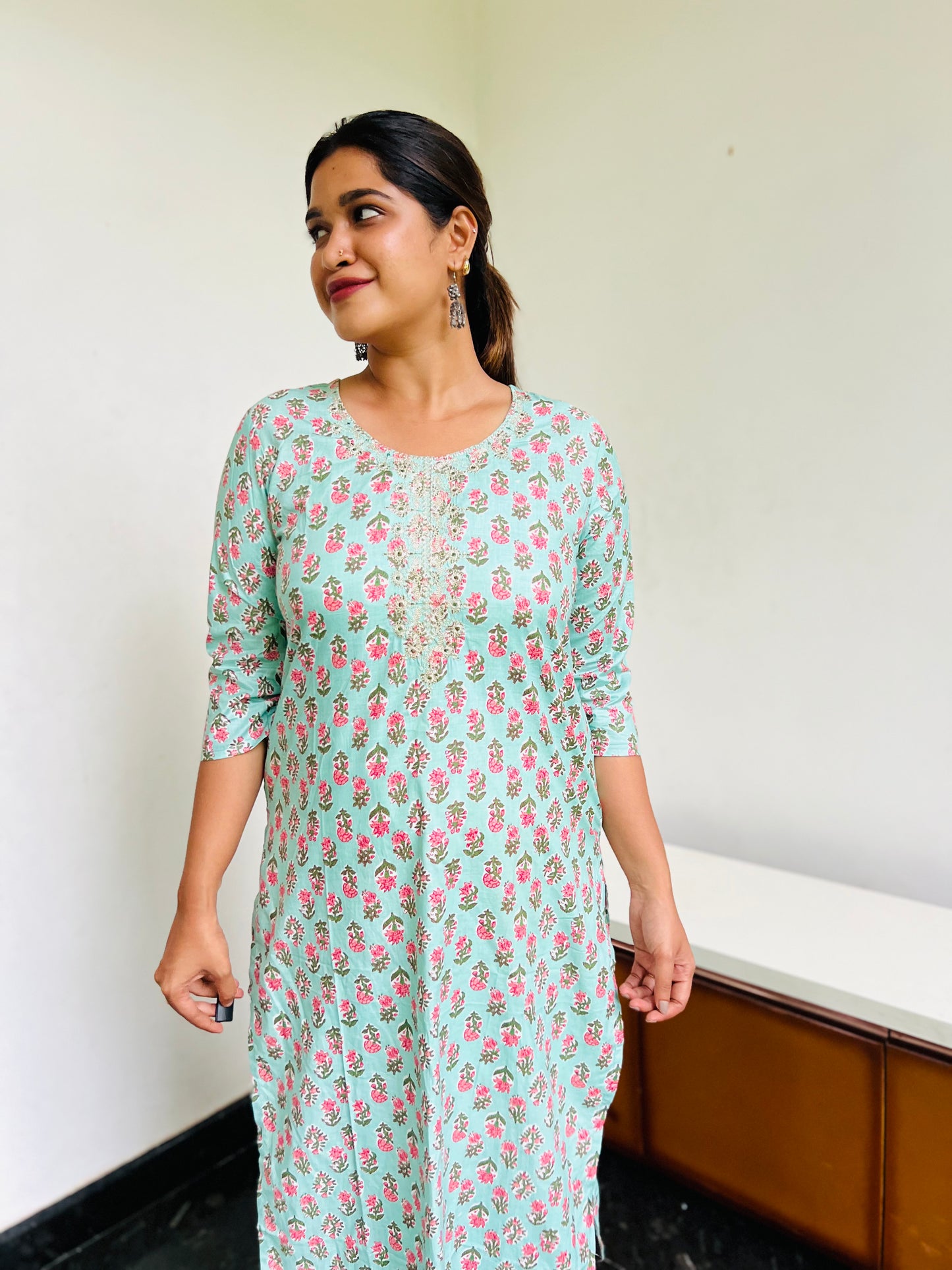 Pastel Green Self [Embroidery] straight cut kurta