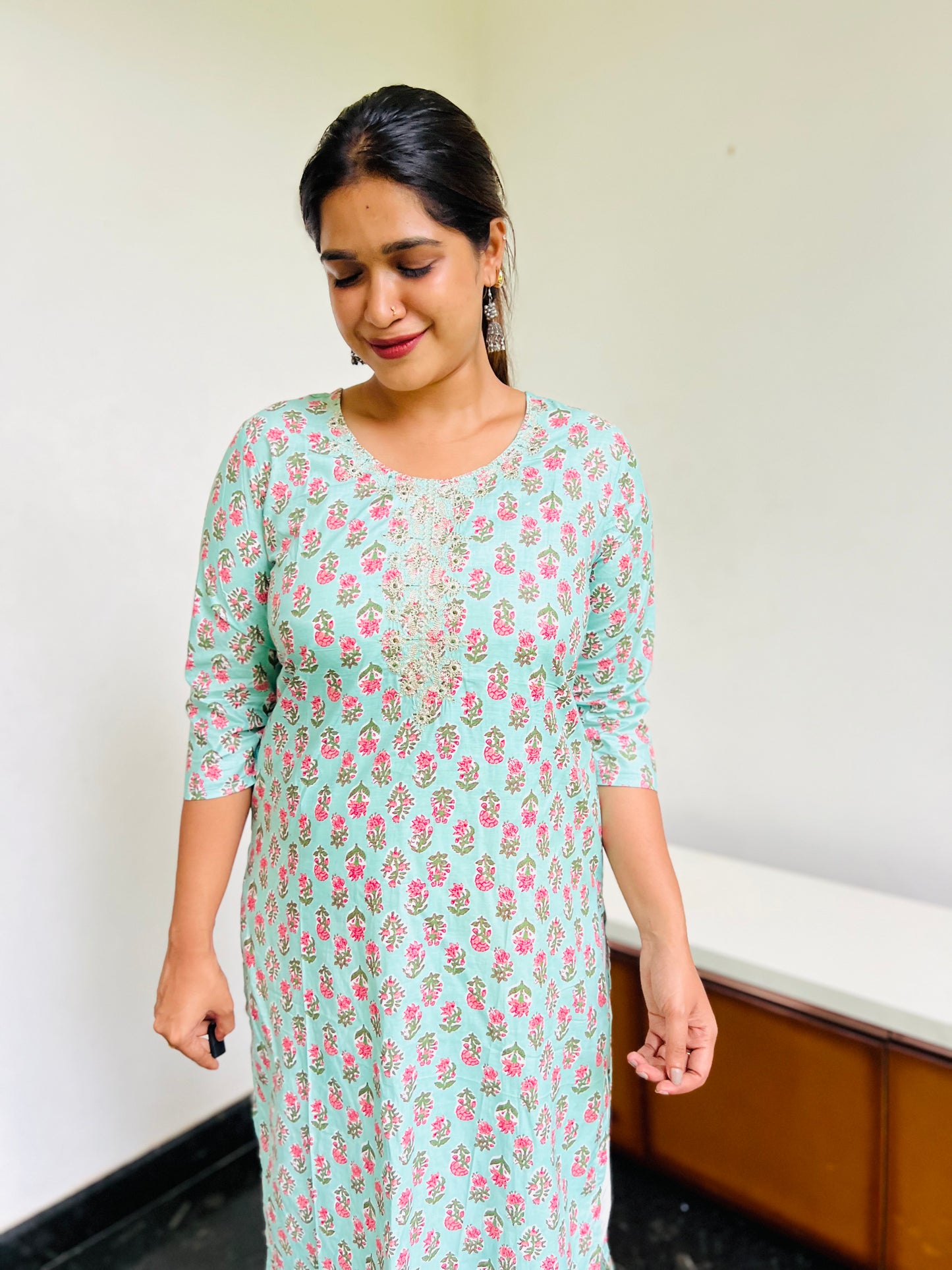 Pastel Green Self [Embroidery] straight cut kurta