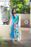 Aqua & Off White Floral Anarkali With Dupatta Sets