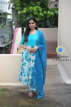 Aqua & Off White Floral Anarkali With Dupatta Sets