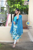 Aqua & Off White Floral Anarkali With Dupatta Sets