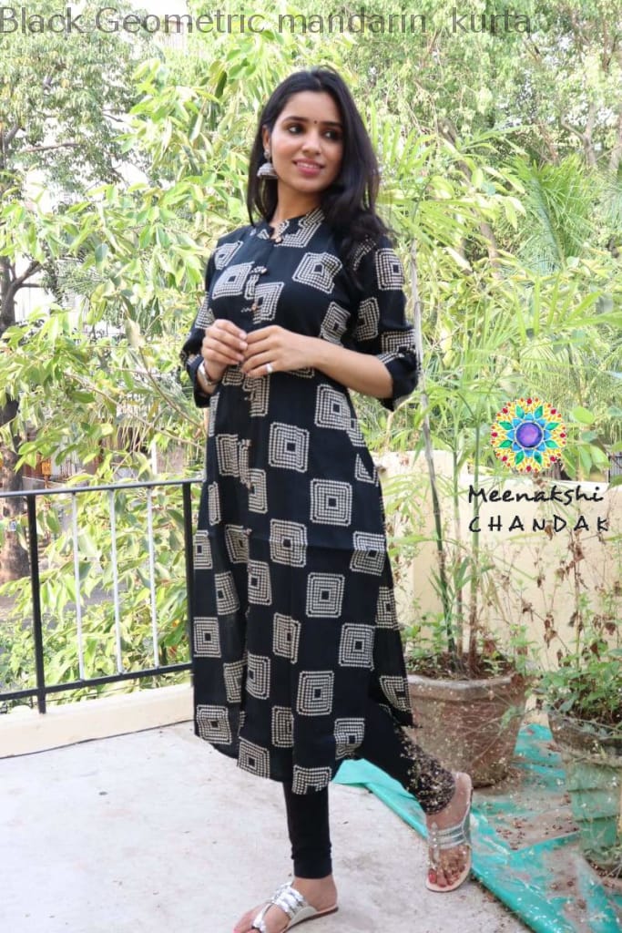 Black Geometric Mandarin Kurta Kurtas