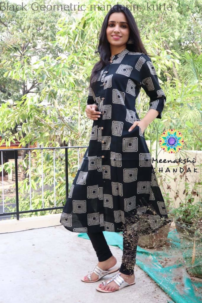 Black Geometric Mandarin Kurta Kurtas