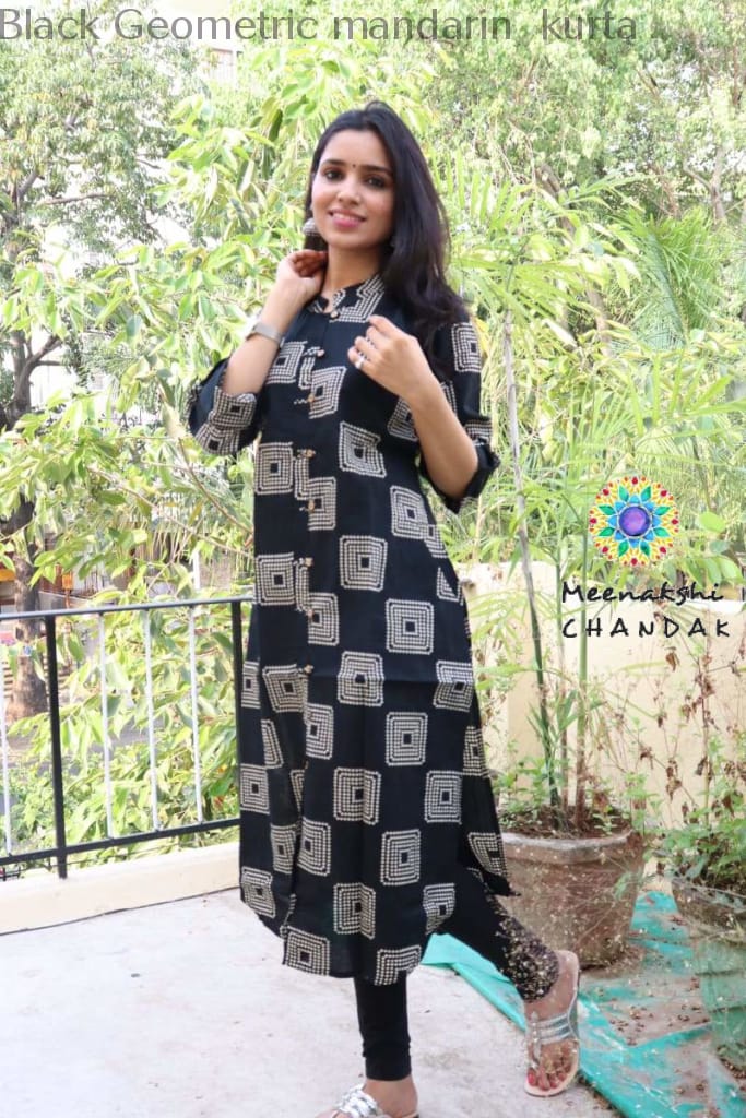 Black Geometric Mandarin Kurta Kurtas