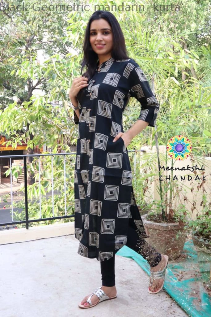 Black Geometric Mandarin Kurta Kurtas