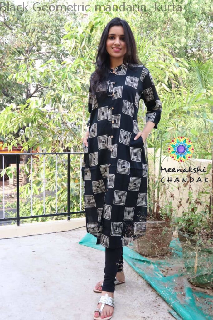 Black Geometric Mandarin Kurta Kurtas