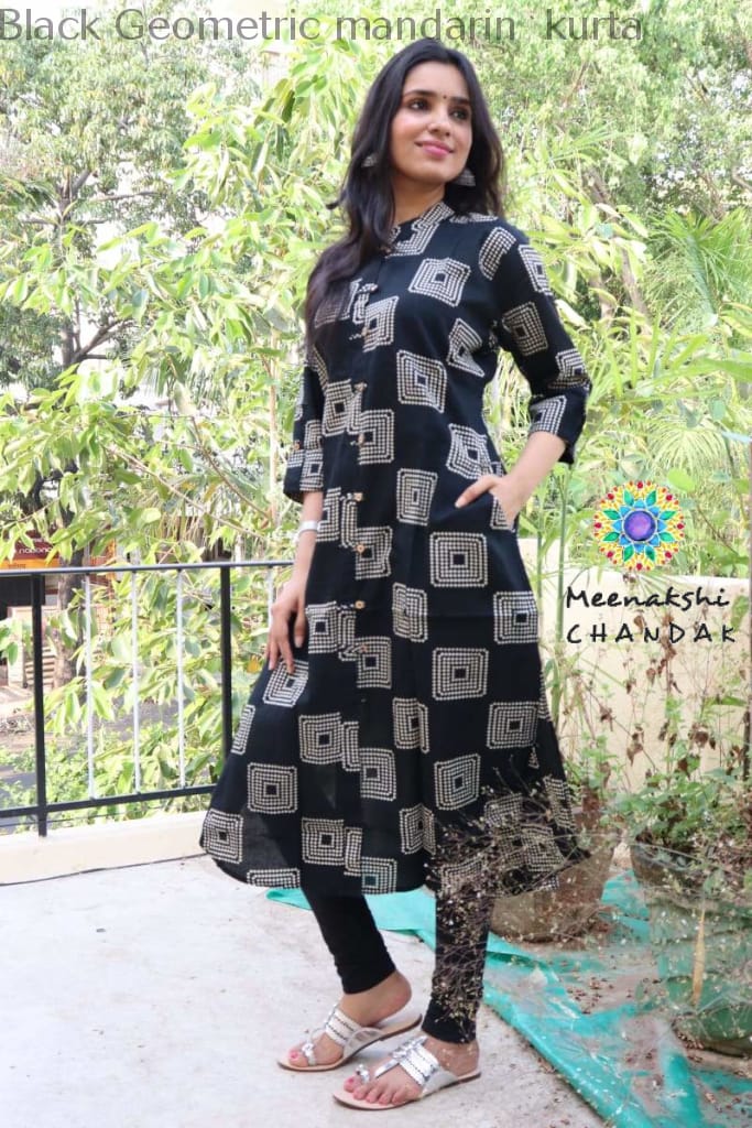 Black Geometric Mandarin Kurta S Kurtas